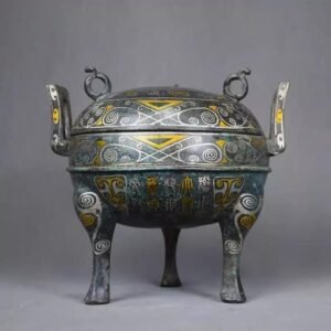 Imitation Ancient Bronze Ware, Gold - and - Silver - Inlaid Aged Tripod Round Ding, Geometric - Patterned Bronze Ding, Lidded Ding Ornament
