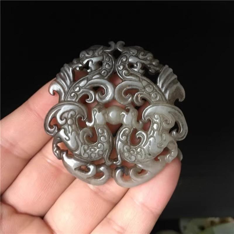 Imitation Ancient Xiuyu Jade Bi Disc with Double - sided Hollowed Dragon and Phoenix Patterns, PendantOrnament, Aged Old Jade Waist Hanging Pendant