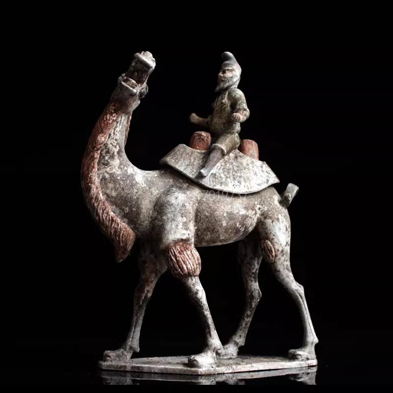 Painted Pottery Camel, Antique - styled Tang Dynasty Camel - rider and Hu People Figurines, Antique Collection Artworks, Hotel and Home Decorations