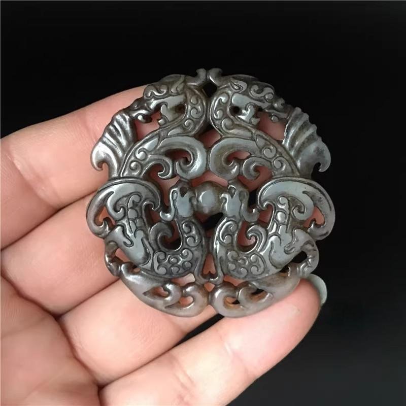 Imitation Ancient Xiuyu Jade Bi Disc with Double - sided Hollowed Dragon and Phoenix Patterns, PendantOrnament, Aged Old Jade Waist Hanging Pendant - Image 3