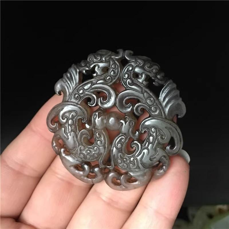 Imitation Ancient Xiuyu Jade Bi Disc with Double - sided Hollowed Dragon and Phoenix Patterns, PendantOrnament, Aged Old Jade Waist Hanging Pendant - Image 4